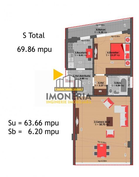 Doua camere+parcare 200 m metrou M. Bravu, 0% comision, 550 m parc, 33 mpu living.
